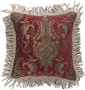 austin horn classics sienna chenille jacquard fringe decorative pillow with bullion fringe polyester filled accent cushion 14 x 14 inches red not zippered